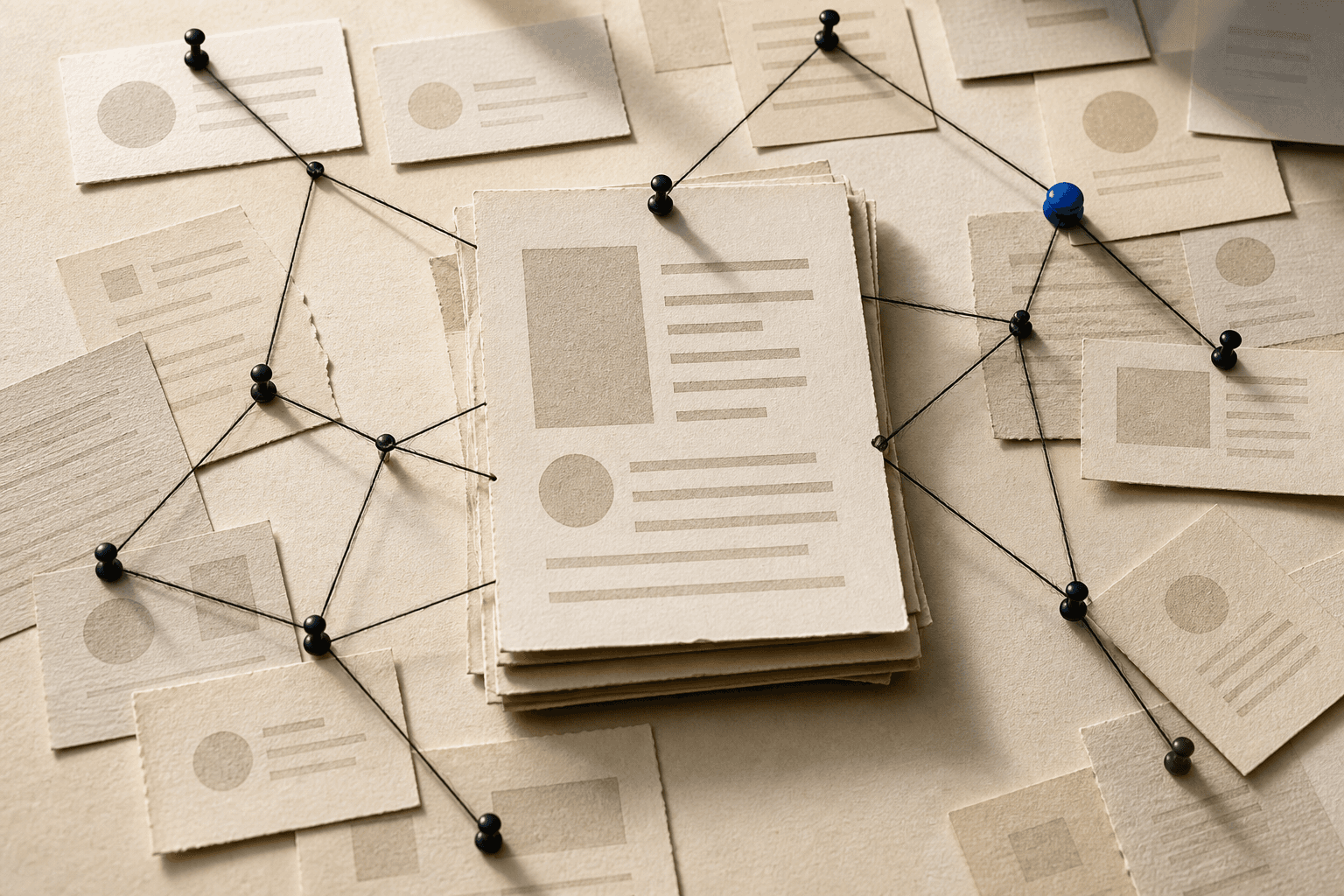 Layered paper context cards forming a path around a central answer dossier