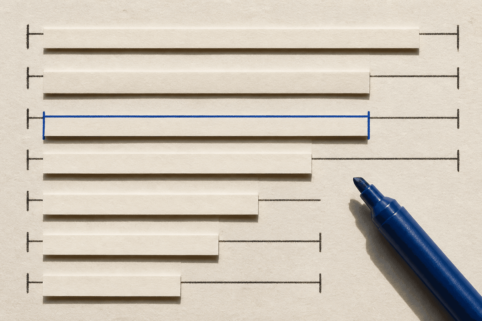 Paper strips of different lengths aligned to charcoal measurement rails