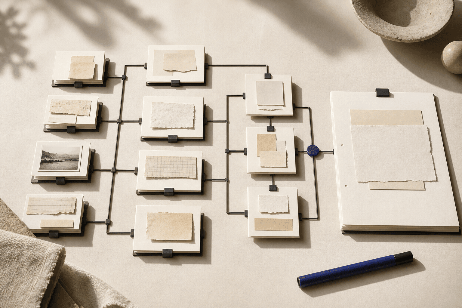 Paper evidence cards connected into a structured system around a central answer dossier