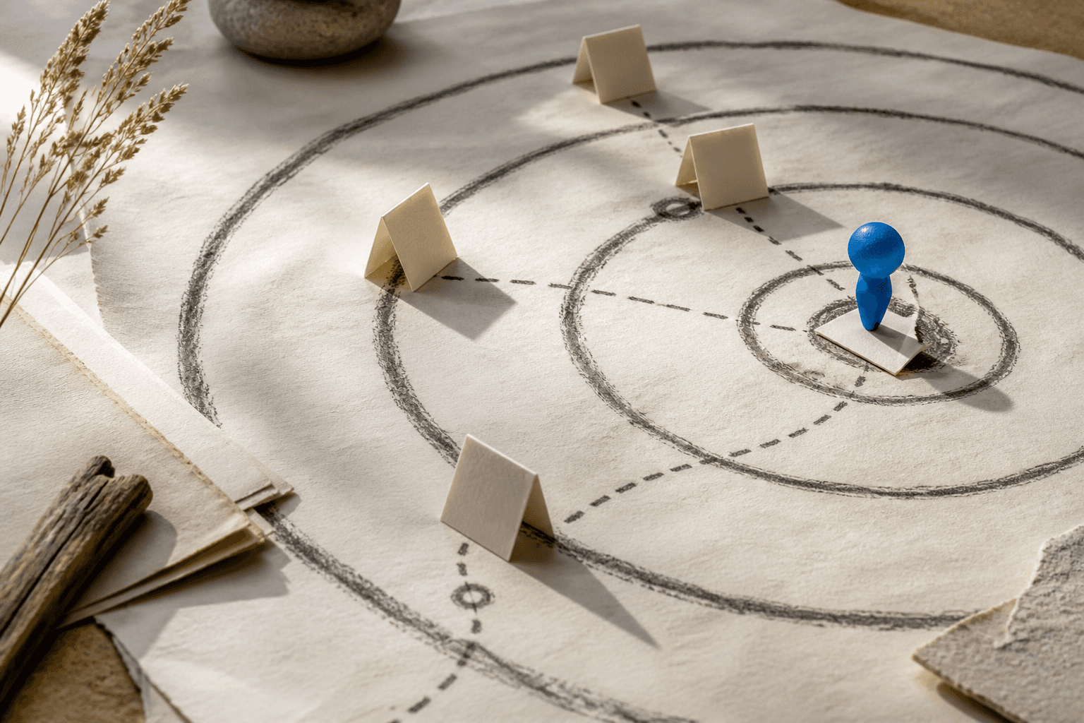 A paper field map showing cards positioned along an AI search visibility path