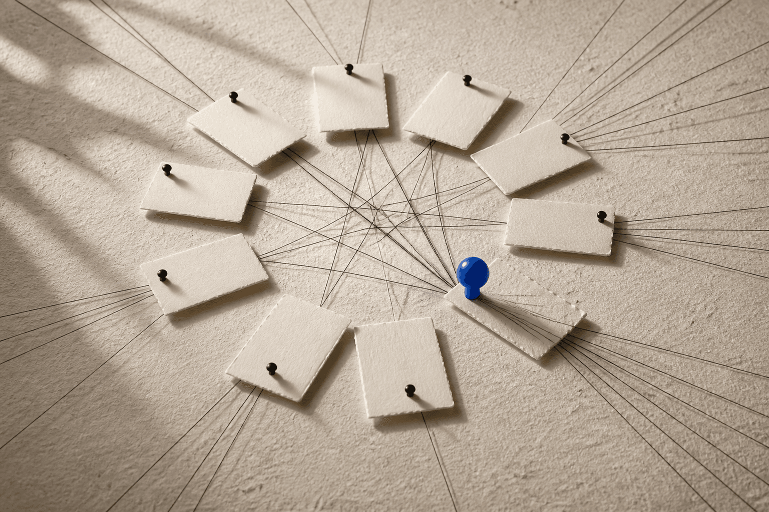 Paper observation cards arranged in a listening system around a blue marker