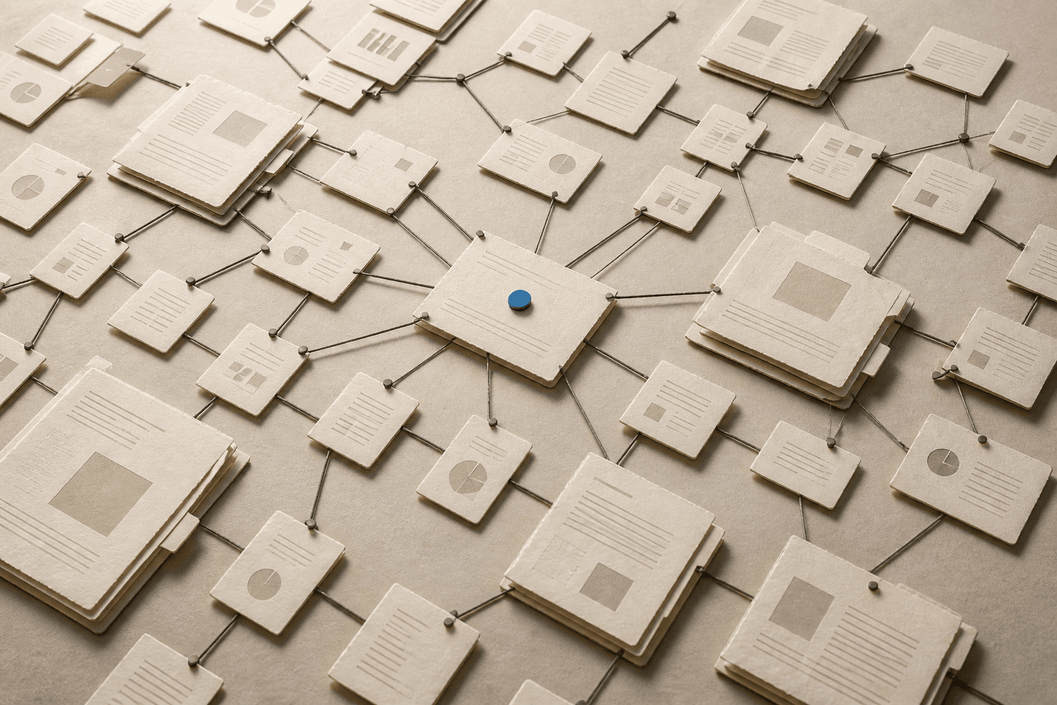 A broad network of paper evidence cards connected across an intelligence field