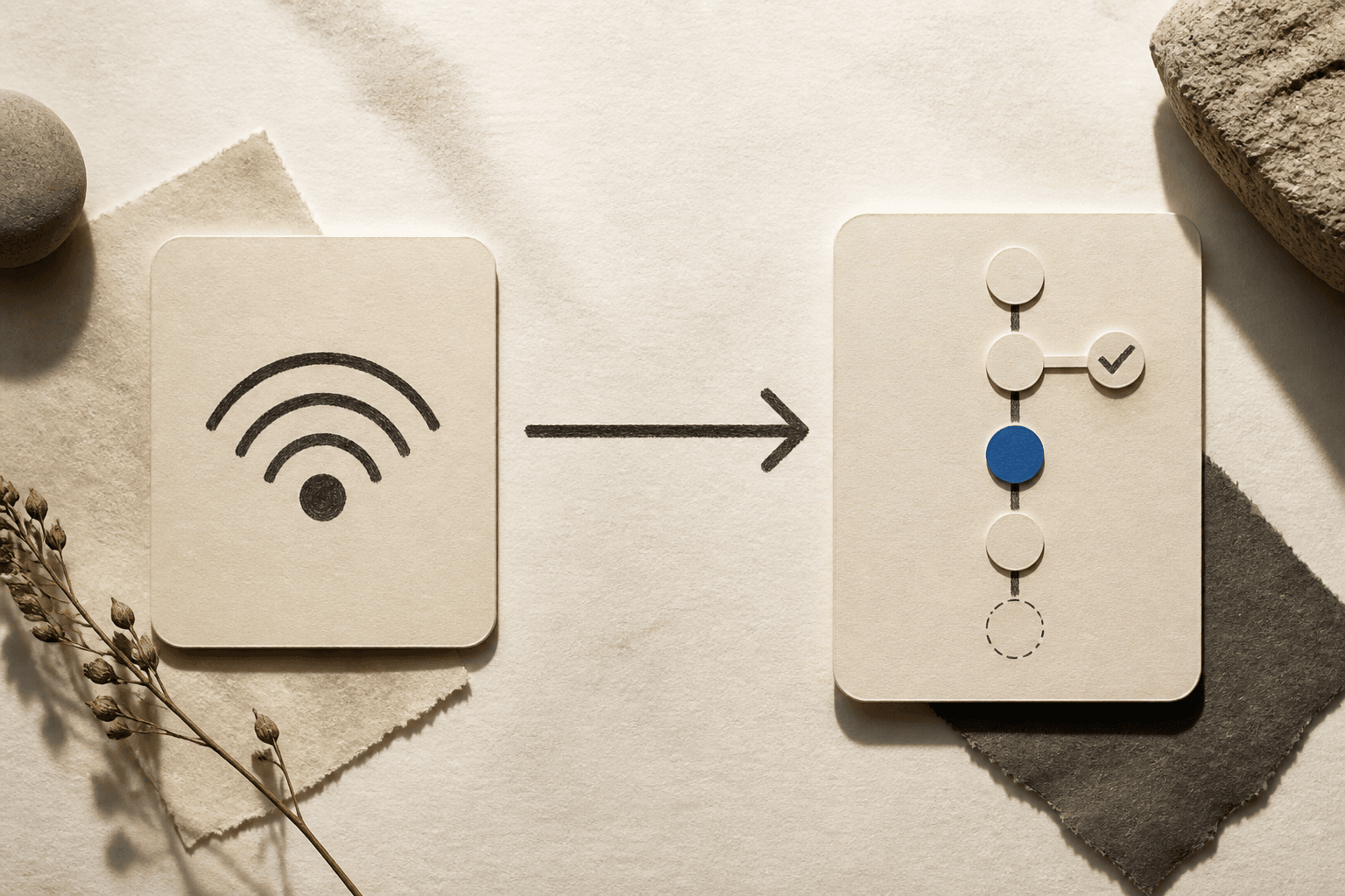 A signal card connected by a charcoal rail to an action card
