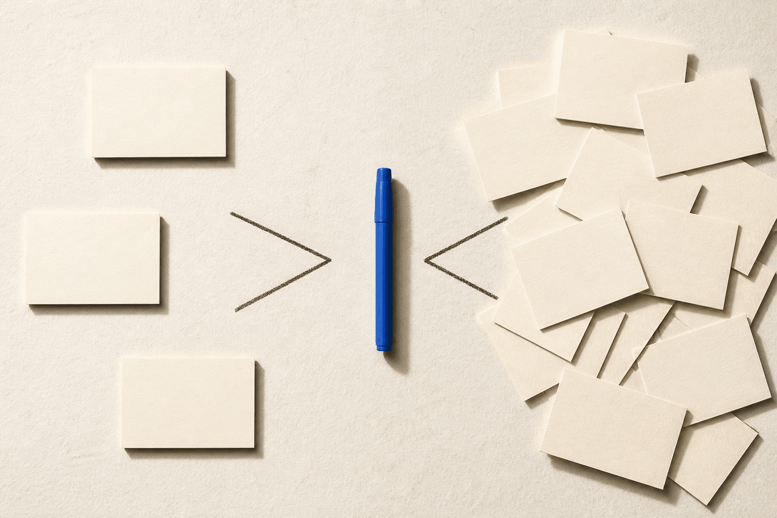 Sparse and dense paper card arrangements showing two persuasion patterns