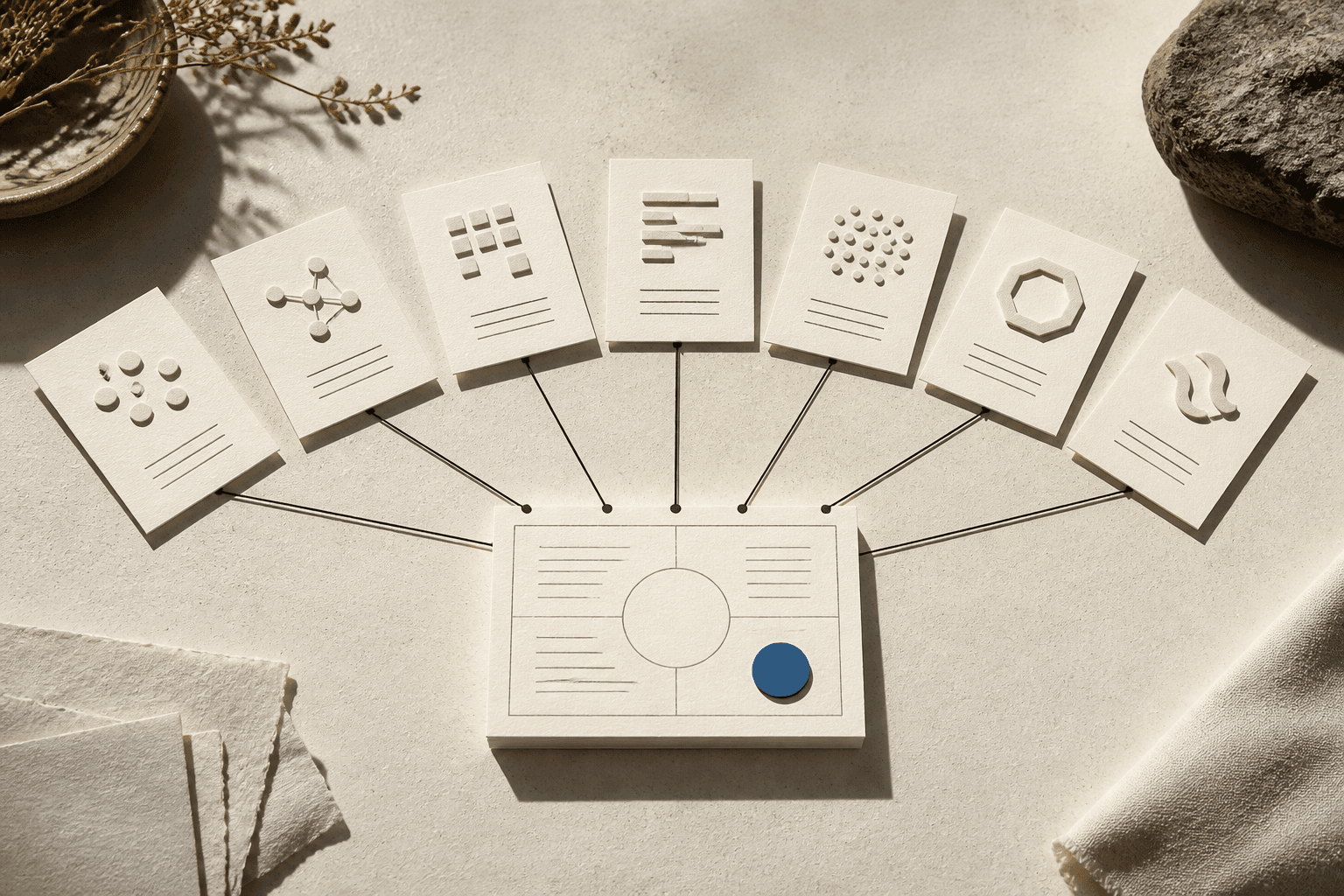 Seven paper source cards connected to a central answer ledger