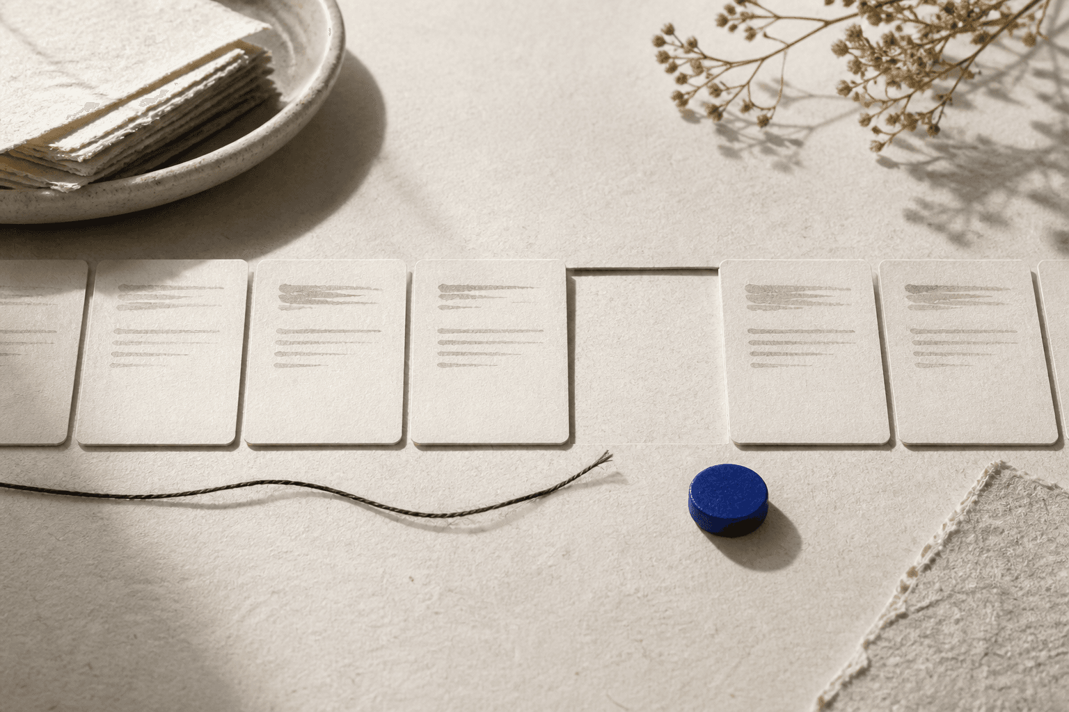Paper source cards arranged around an empty citation slot with a blue marker