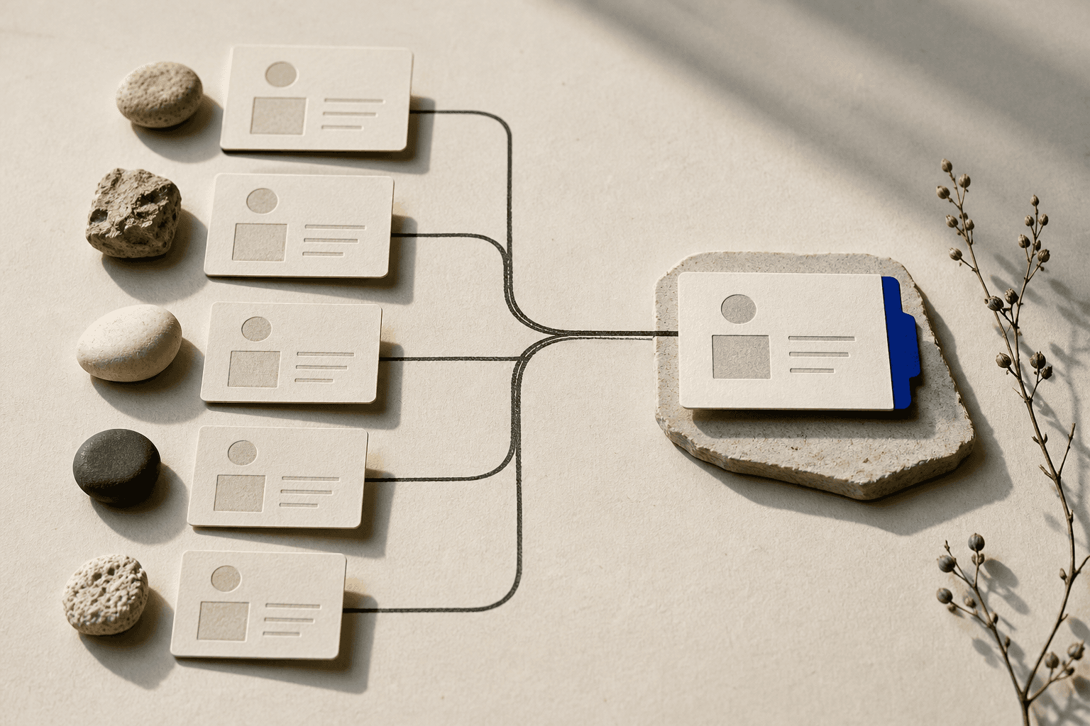 Paper evidence cards leading toward a highlighted recommendation card