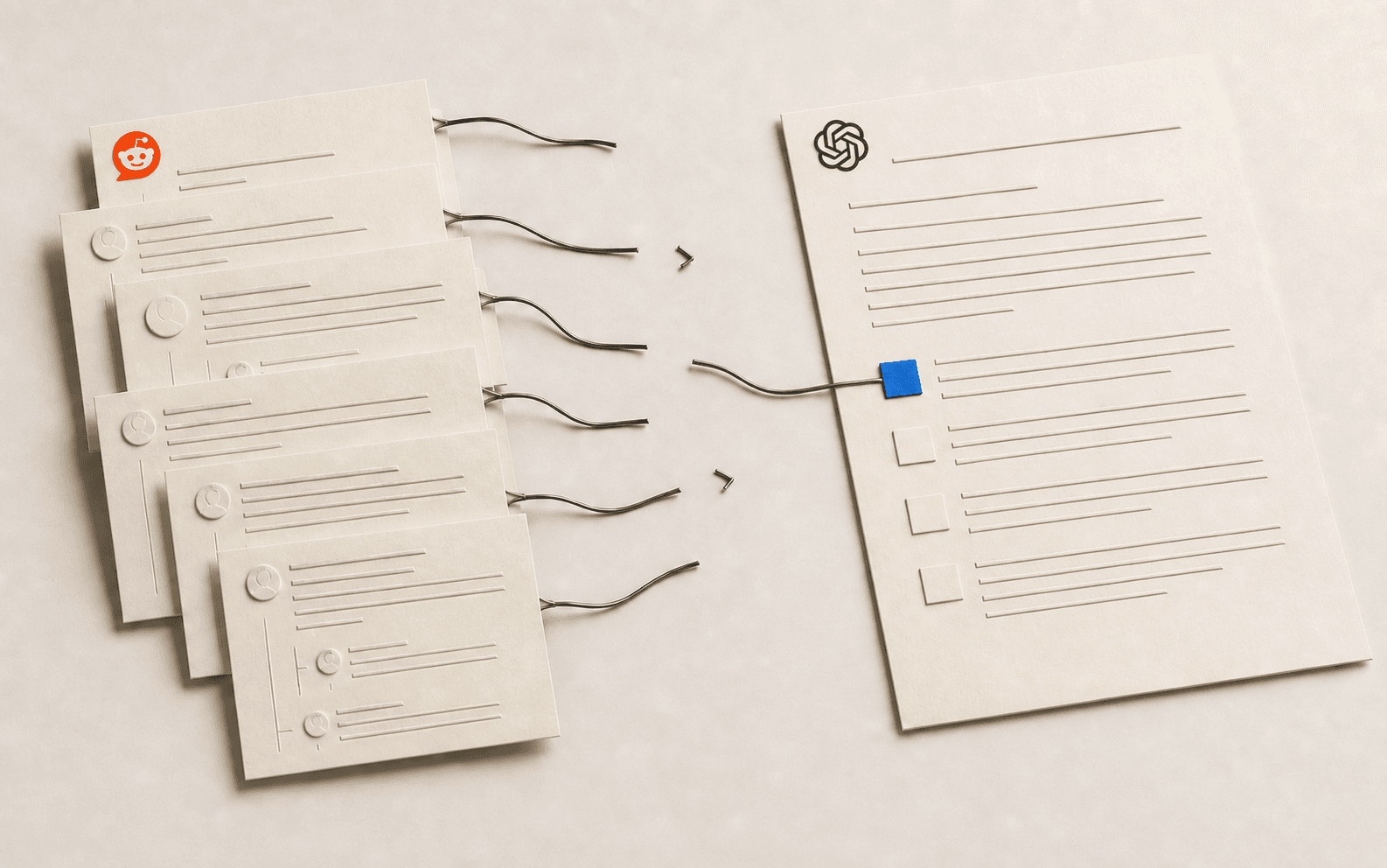 Reddit discussion cards with severed citation wires leading to a ChatGPT answer document