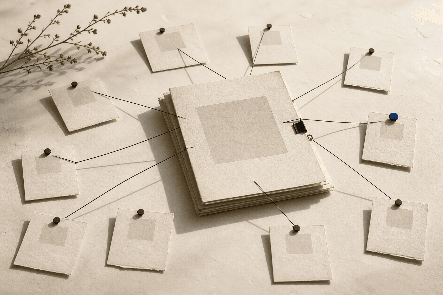 Paper prompt cards connected by threads to a central evidence dossier