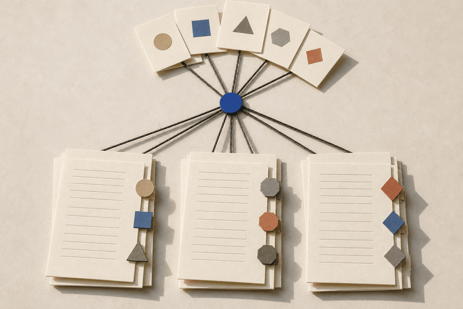 Three groups of paper answer sheets connected to shared source cards